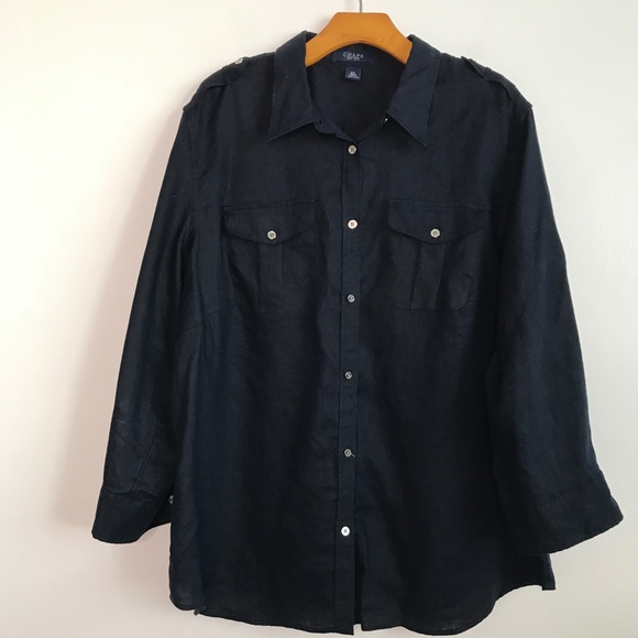 Chaps Linen Shirt Blue Button Long Roll Tab Sleeves Womens 2X - Picture 1 of 7